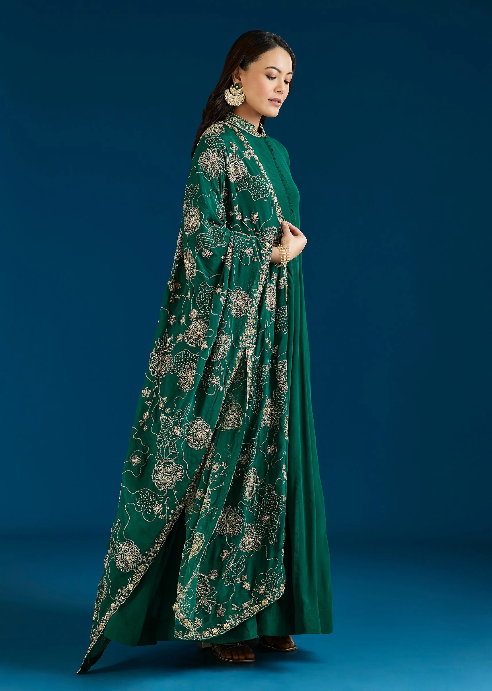 Dark Green Embroidered Chinon Anarkali Suit With Dupatta