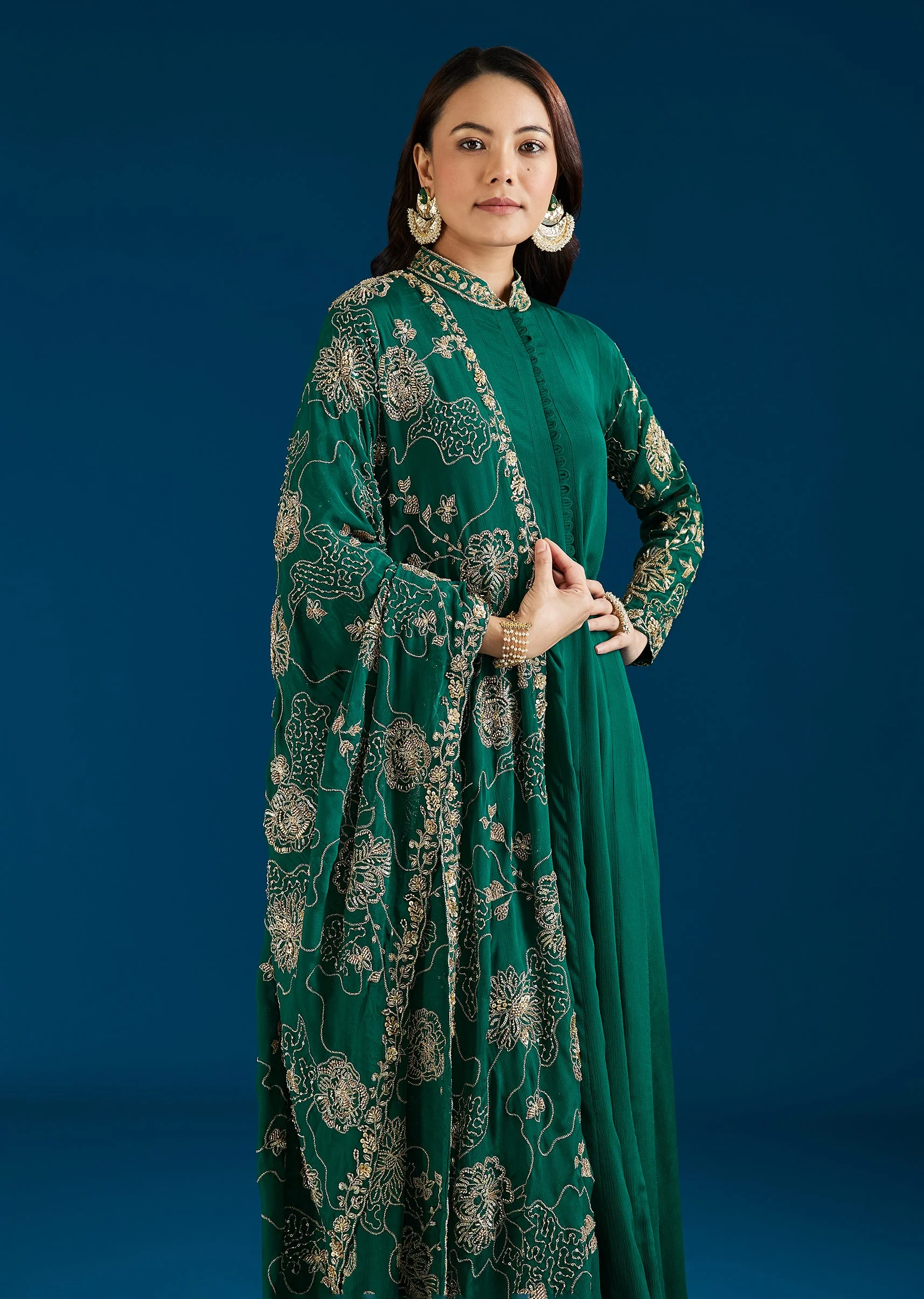 Dark Green Embroidered Chinon Anarkali Suit With Dupatta