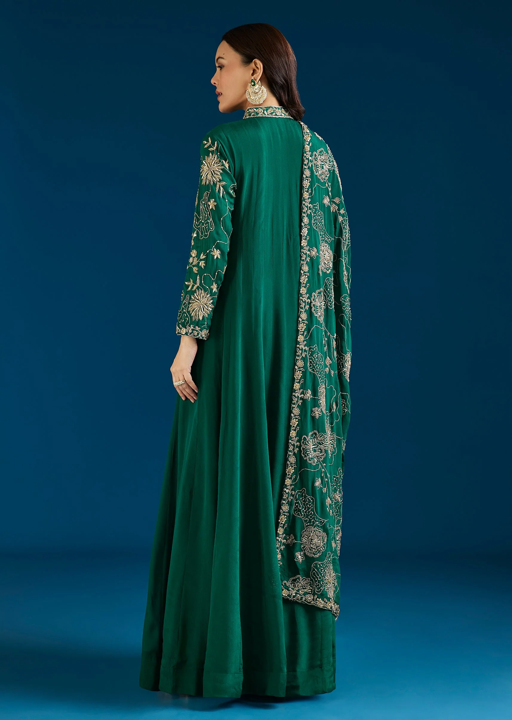 Dark Green Embroidered Chinon Anarkali Suit With Dupatta