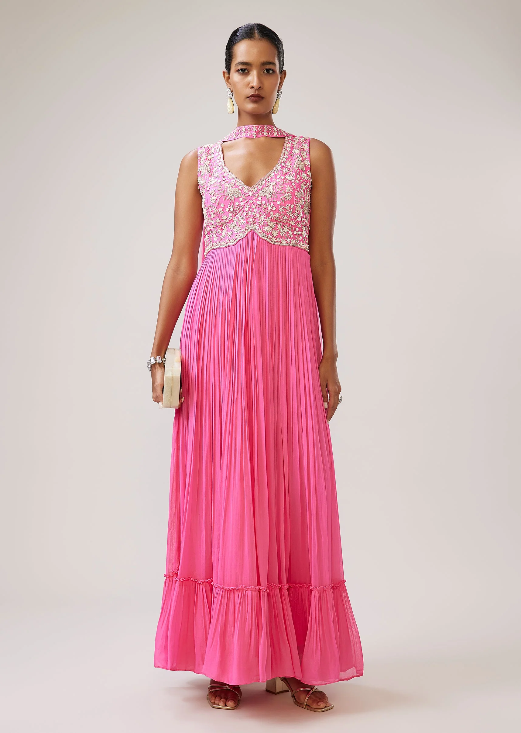 Pastel Pink Cut Dana Sequin Anarkali With Dupatta