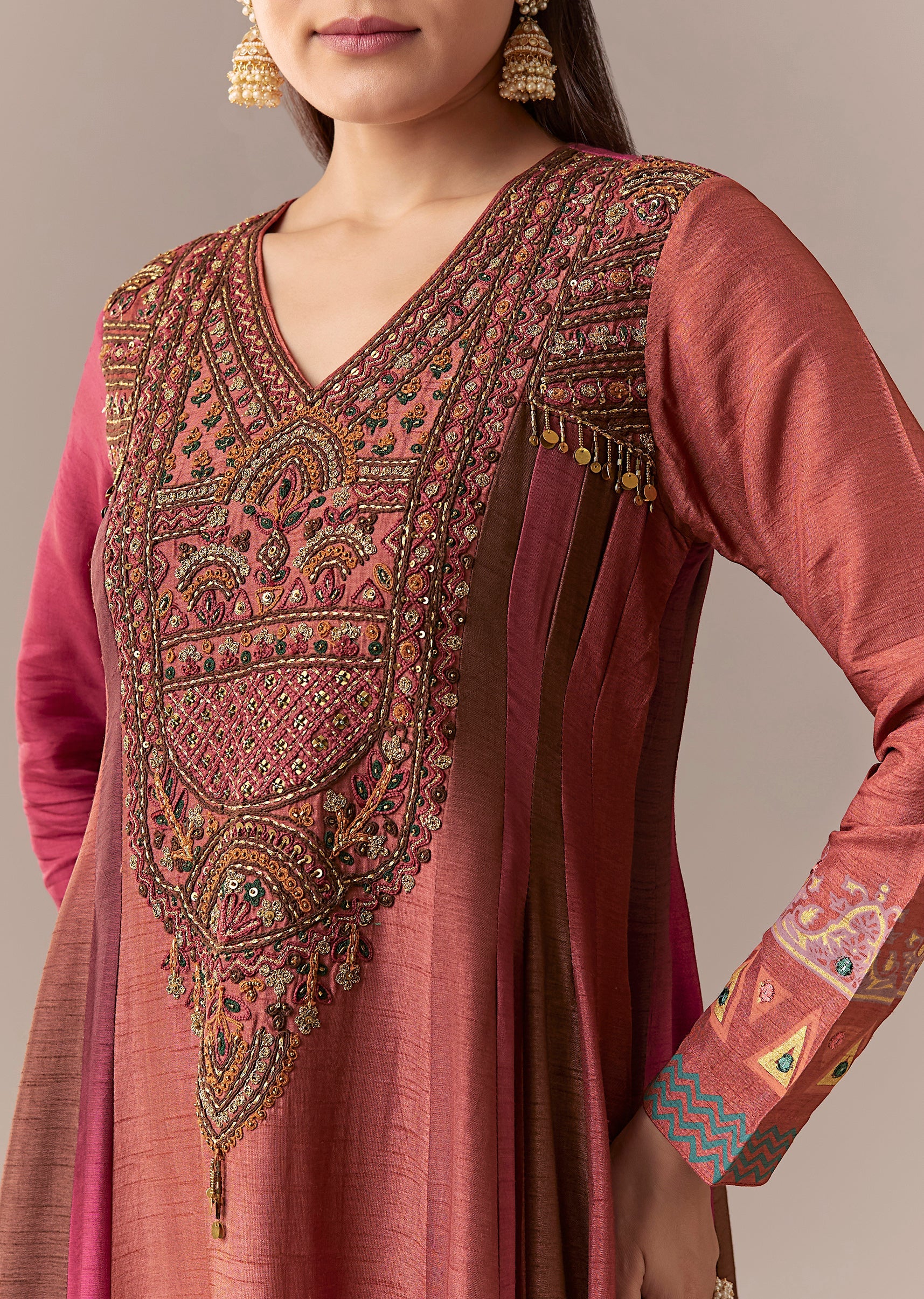 Pink Rust Printed Raw Silk Anarkali