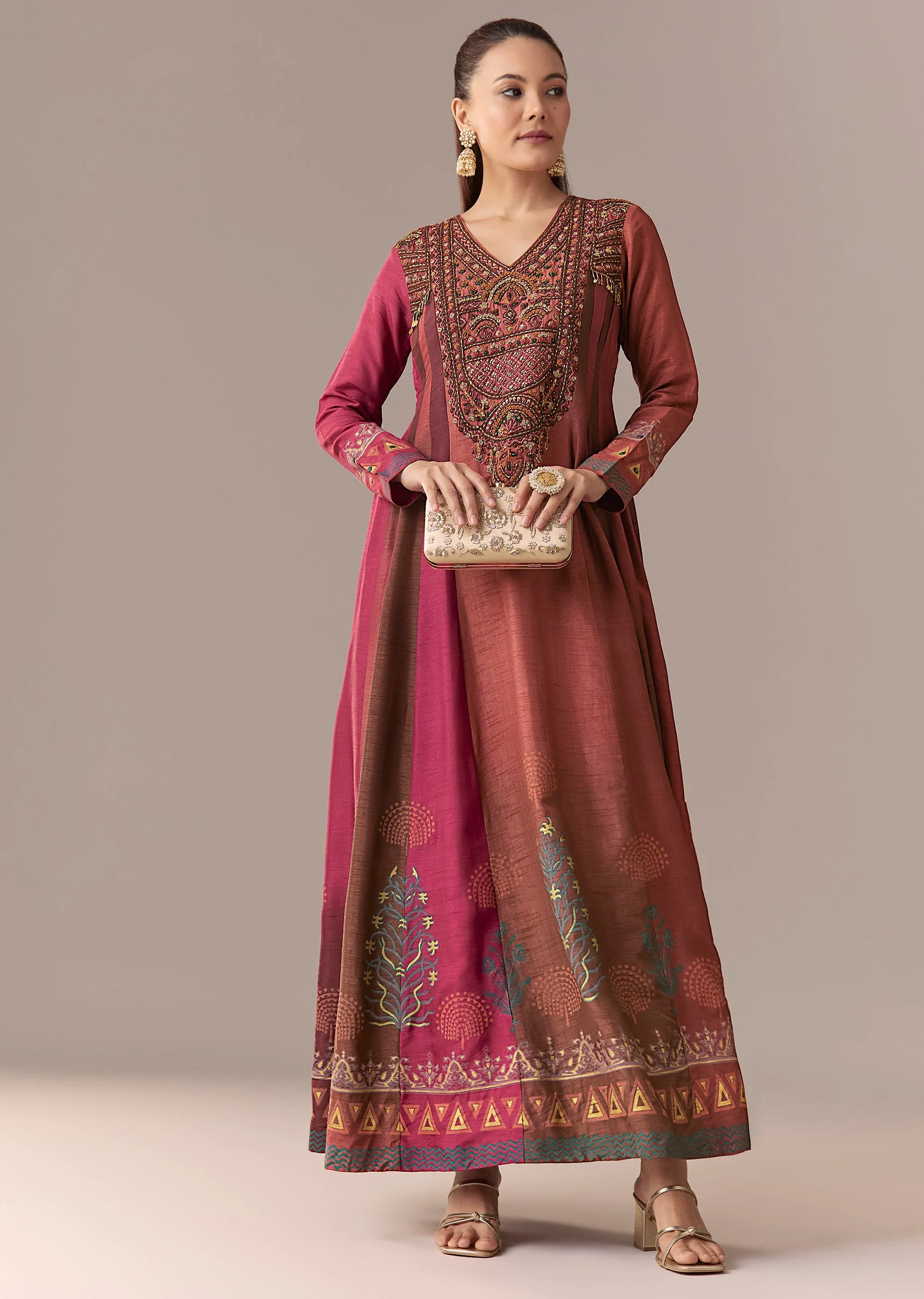 Pink Rust Printed Raw Silk Anarkali
