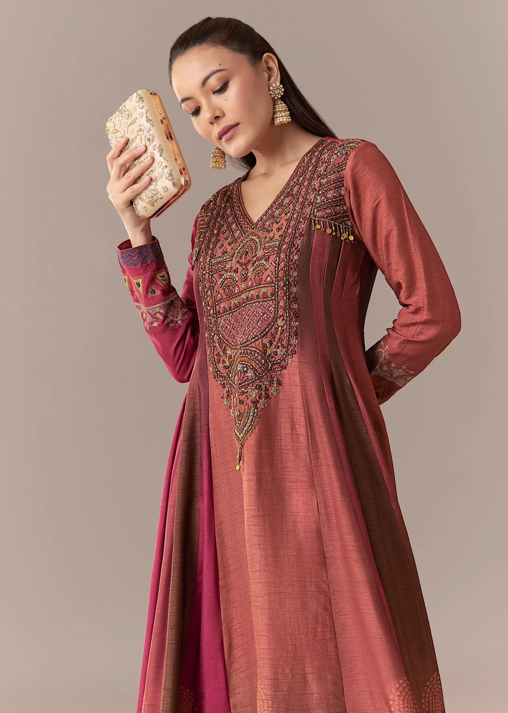 Pink Rust Printed Raw Silk Anarkali