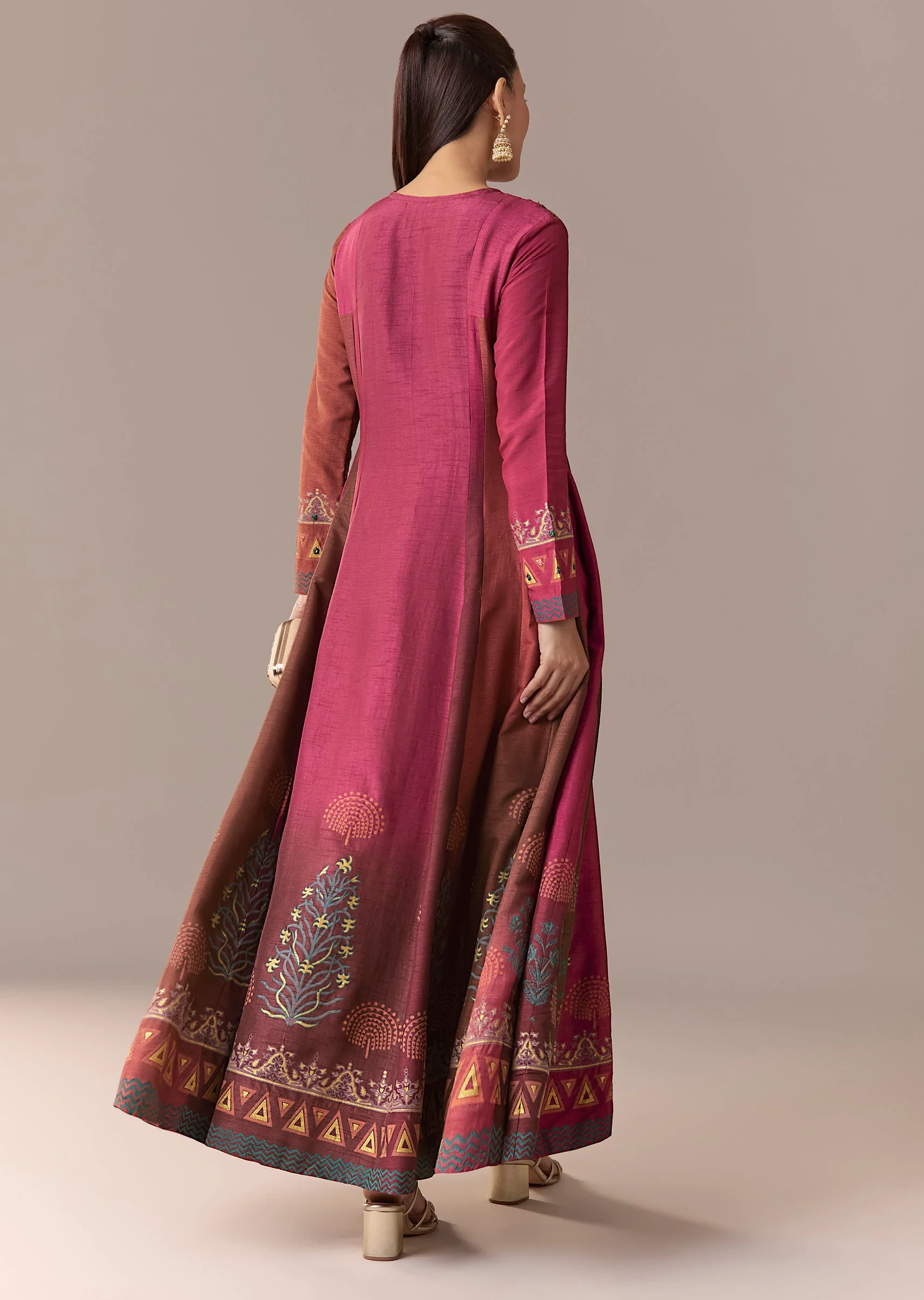 Pink Rust Printed Raw Silk Anarkali