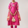 Pink Silver Zardozi Anarkali Set With Pant And Dupatta