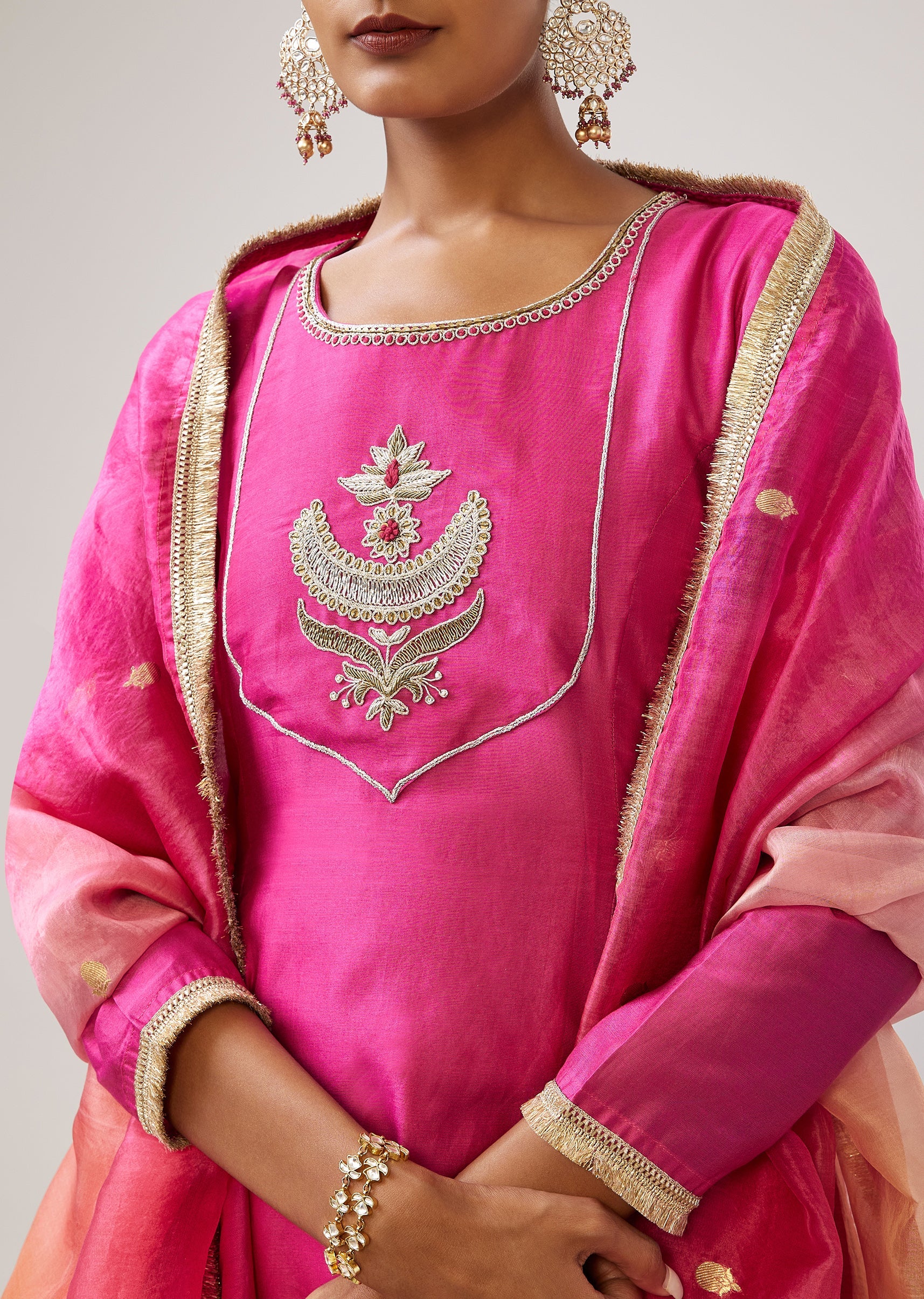 Pink Silver Zardozi Anarkali Set With Pant And Dupatta