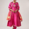 Pink Silver Zardozi Anarkali Set With Pant And Dupatta