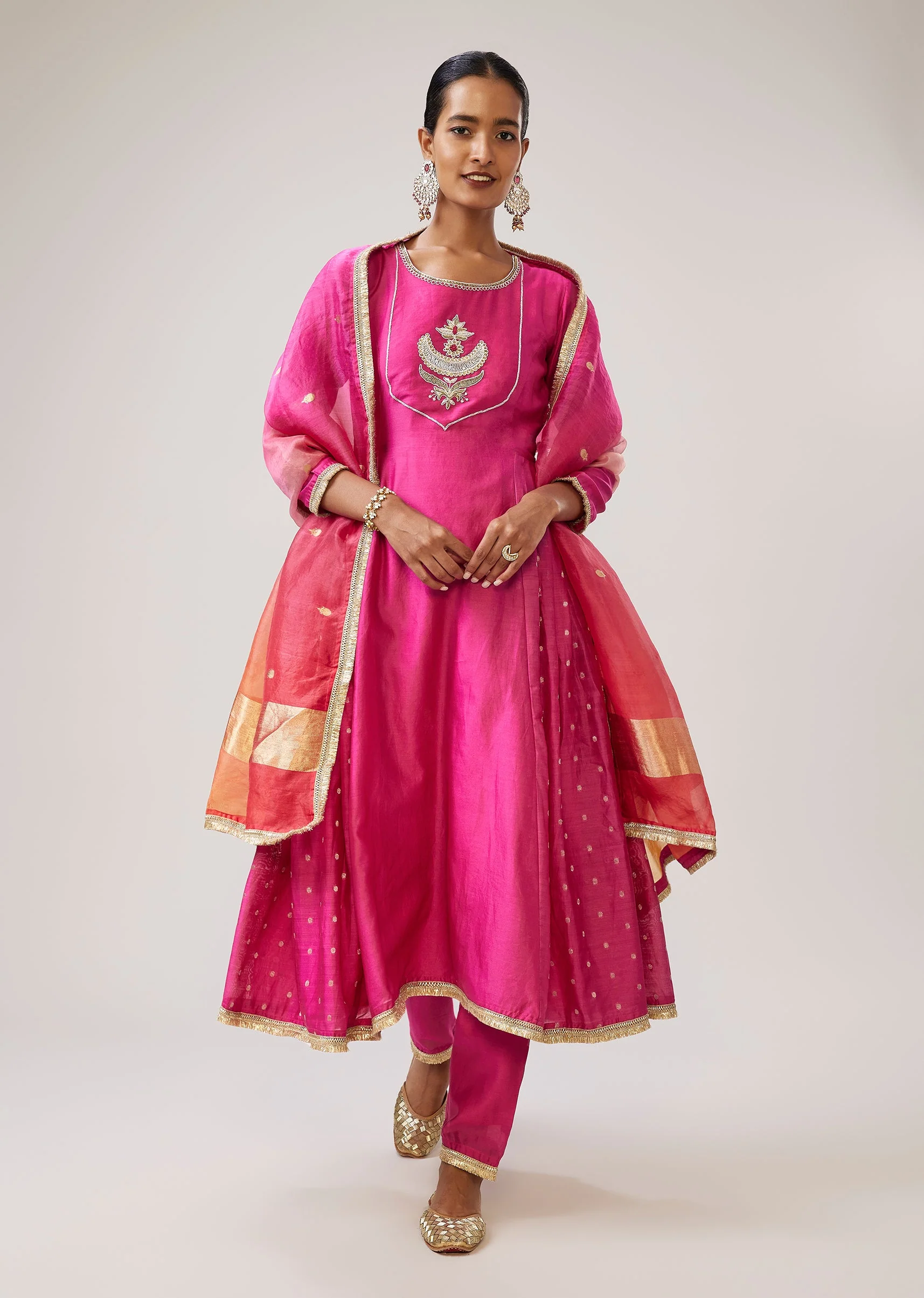 Pink Silver Zardozi Anarkali Set With Pant And Dupatta