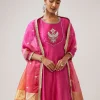 Pink Silver Zardozi Anarkali Set With Pant And Dupatta
