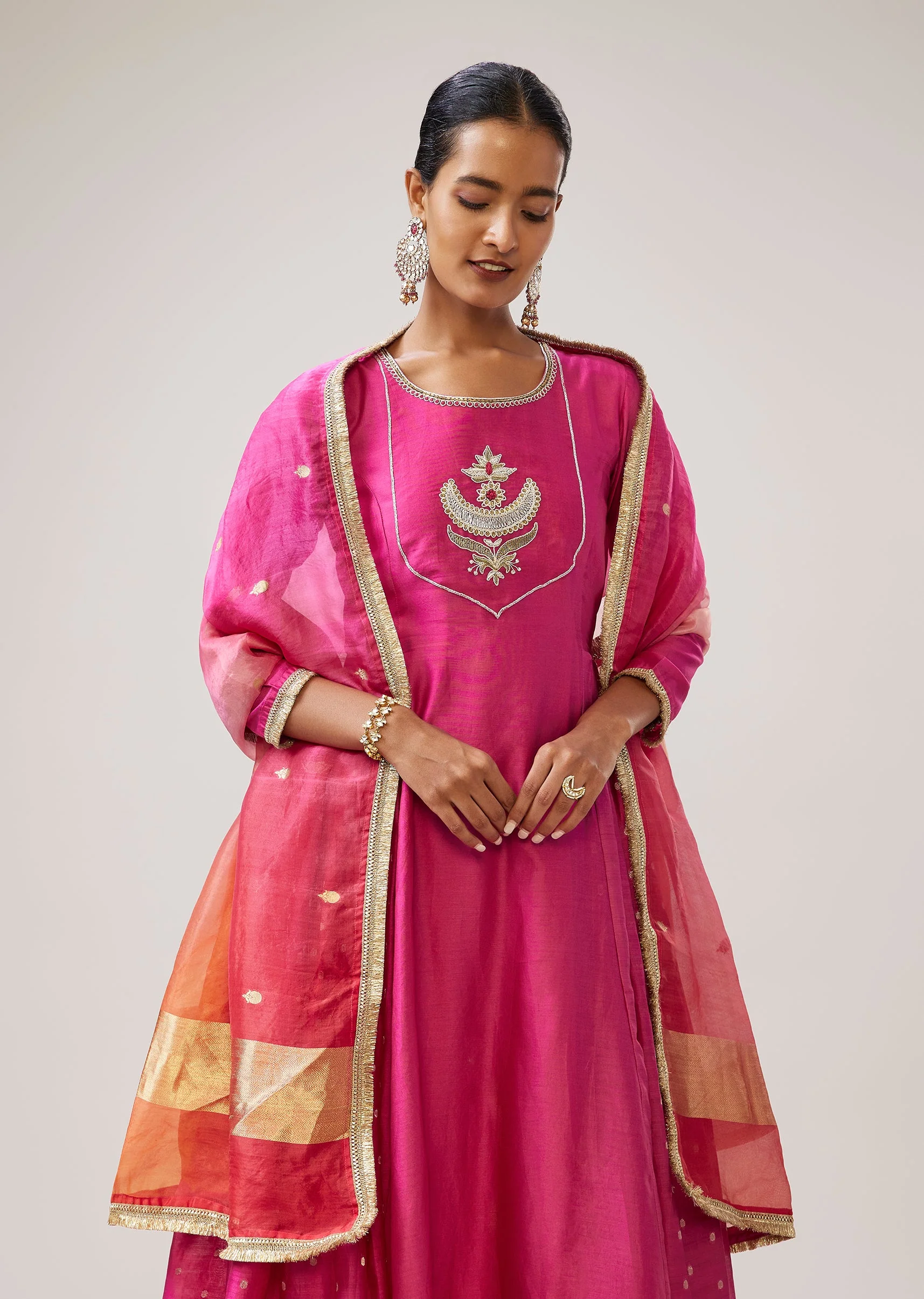 Pink Silver Zardozi Anarkali Set With Pant And Dupatta