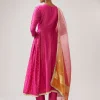 Pink Silver Zardozi Anarkali Set With Pant And Dupatta