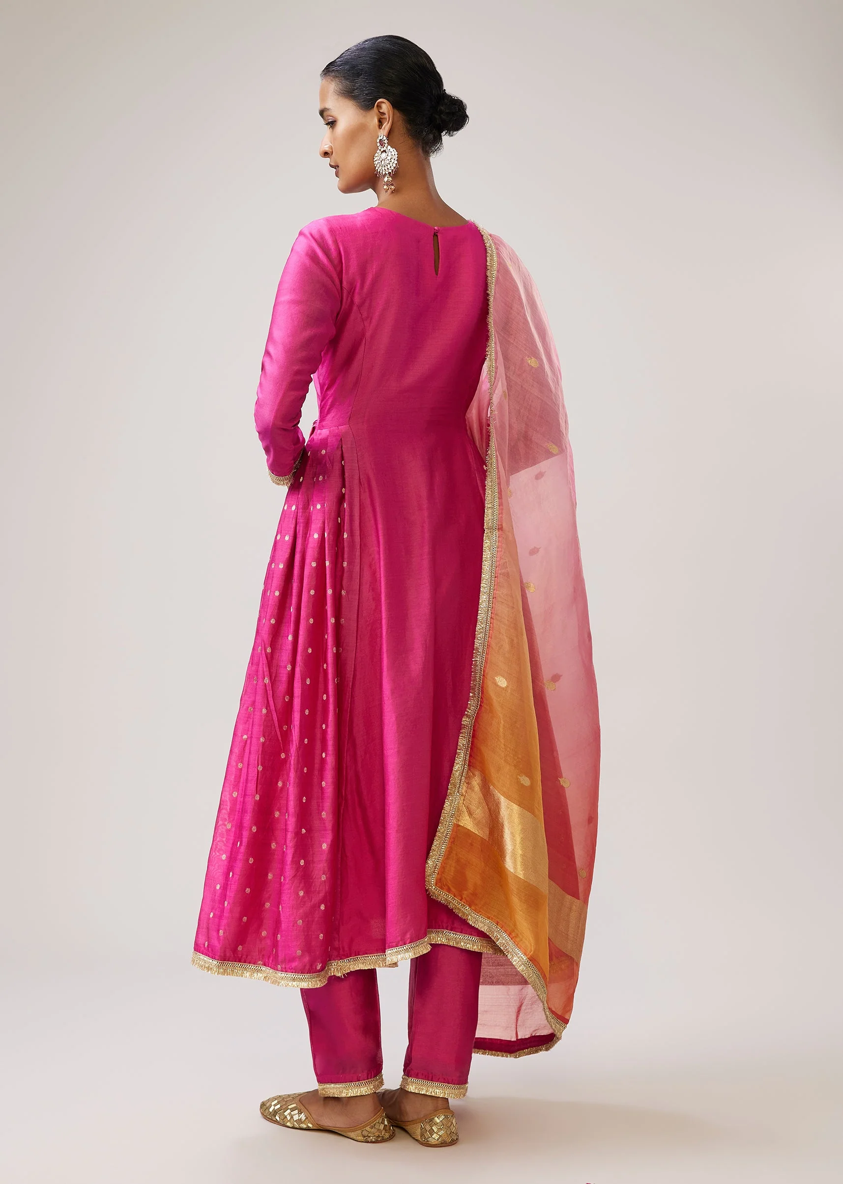 Pink Silver Zardozi Anarkali Set With Pant And Dupatta
