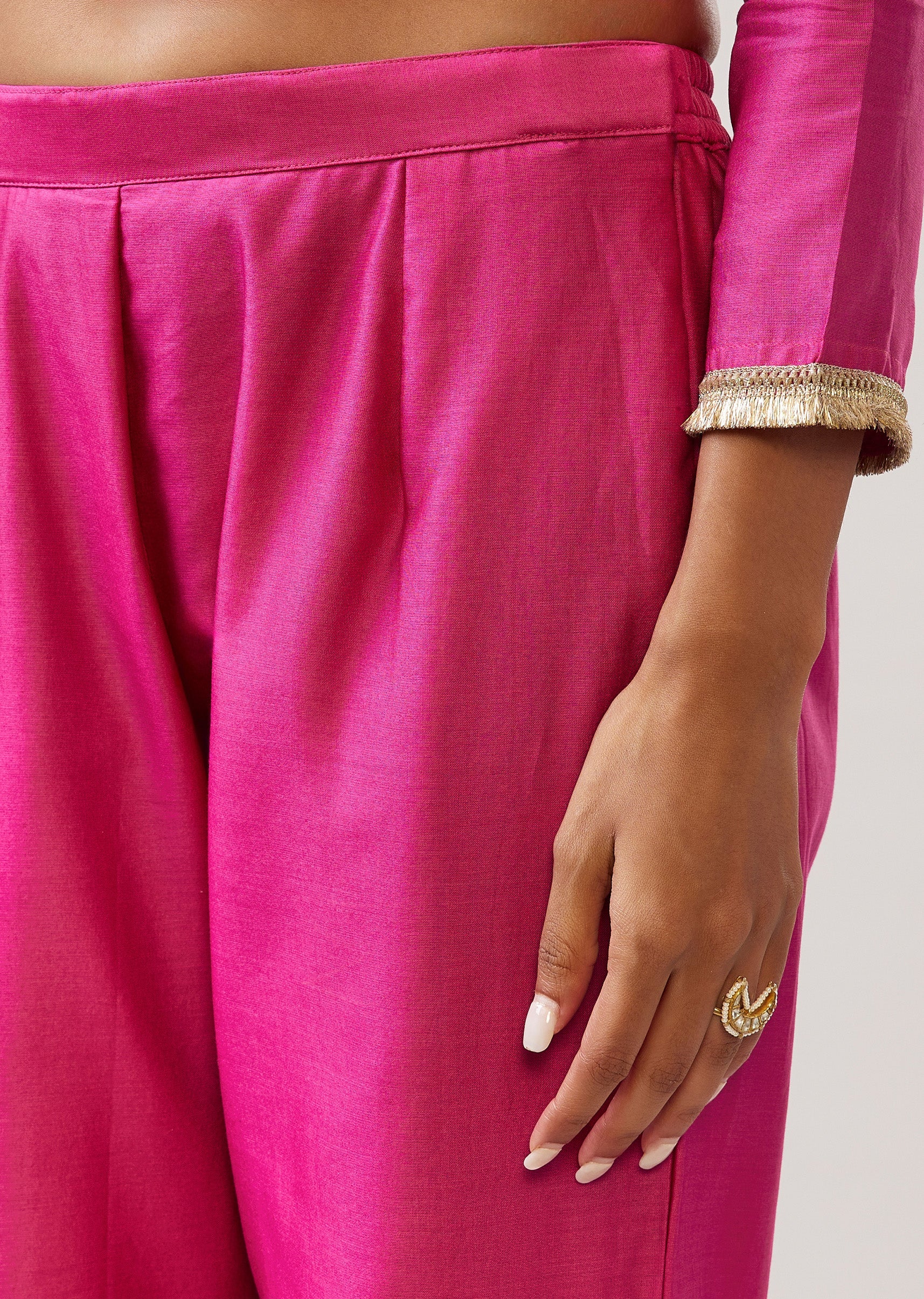 Pink Silver Zardozi Anarkali Set With Pant And Dupatta