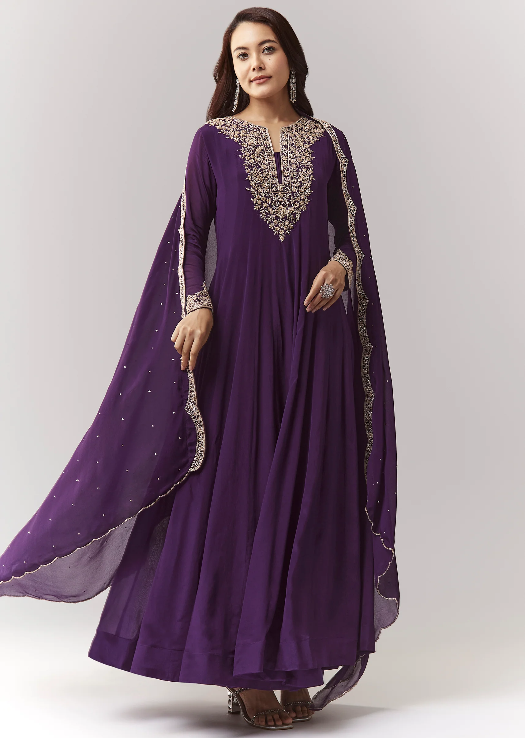 Purple Cut Dana Yoke Anarkali Set With Dupatta