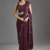Wine Sequins Embellished Chiffon Saree With Sleeveless Blouse
