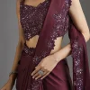 Wine Sequins Embellished Chiffon Saree With Sleeveless Blouse