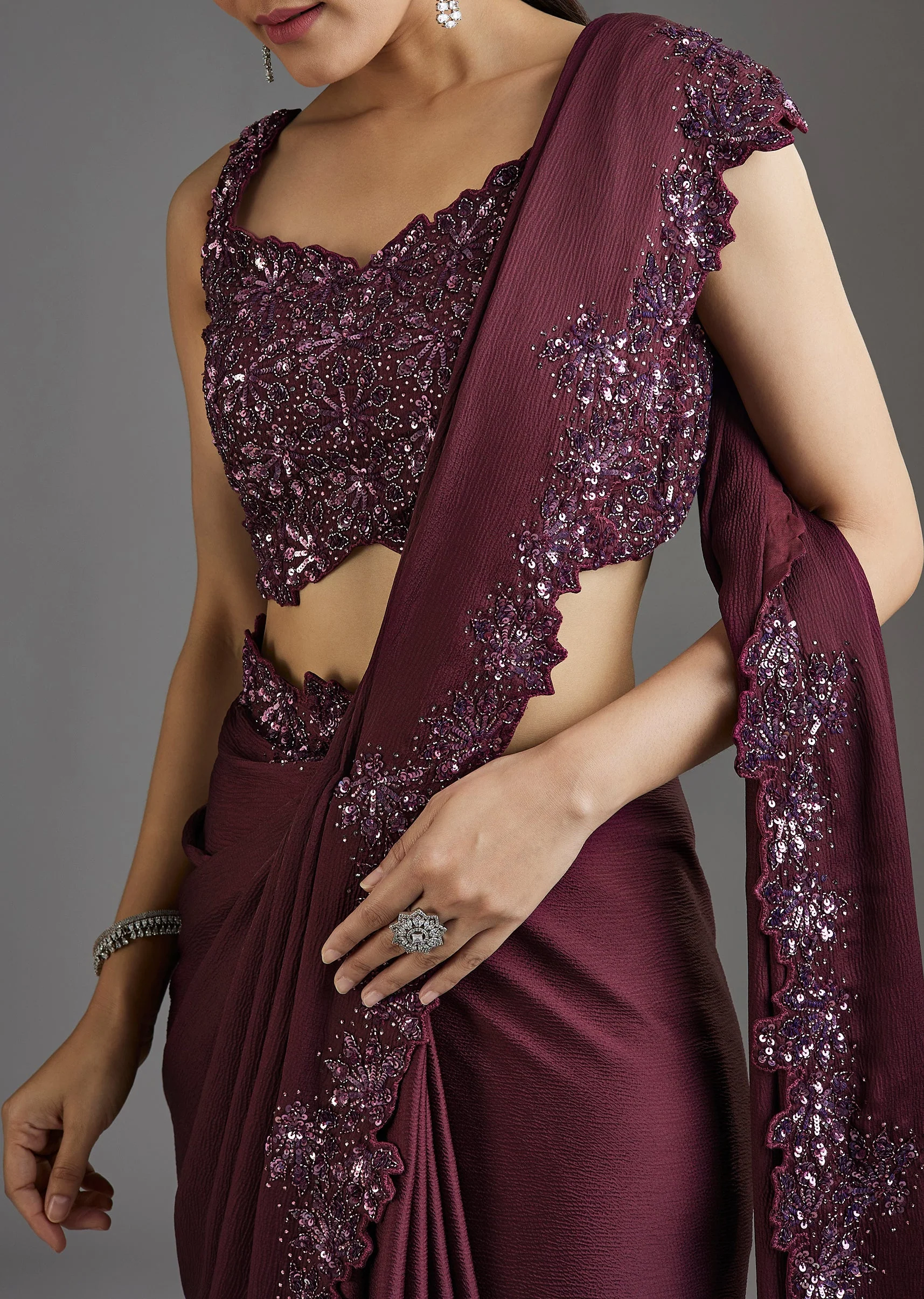 Wine Sequins Embellished Chiffon Saree With Sleeveless Blouse