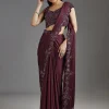 Wine Sequins Embellished Chiffon Saree With Sleeveless Blouse