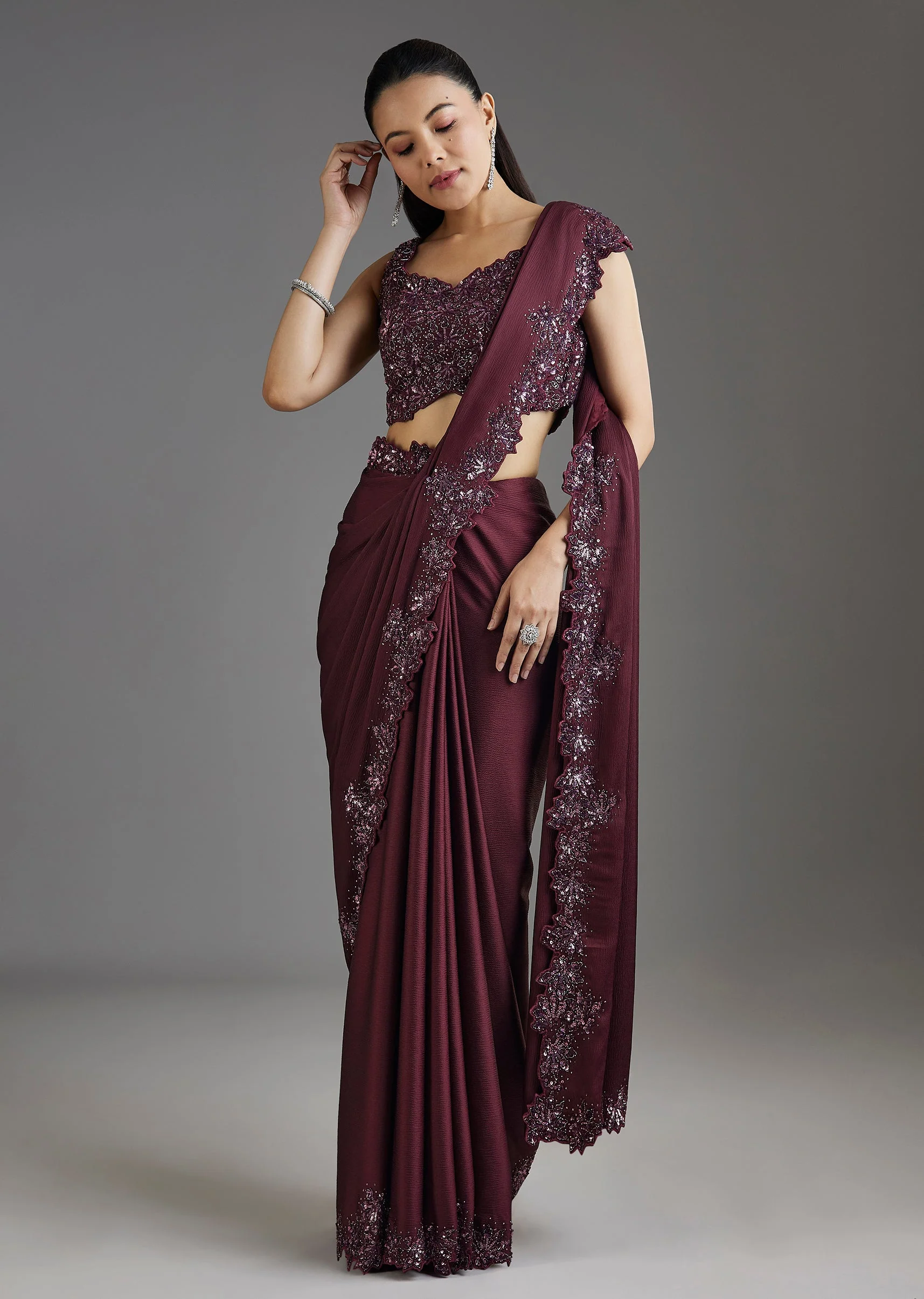 Wine Sequins Embellished Chiffon Saree With Sleeveless Blouse