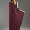 Wine Sequins Embellished Chiffon Saree With Sleeveless Blouse