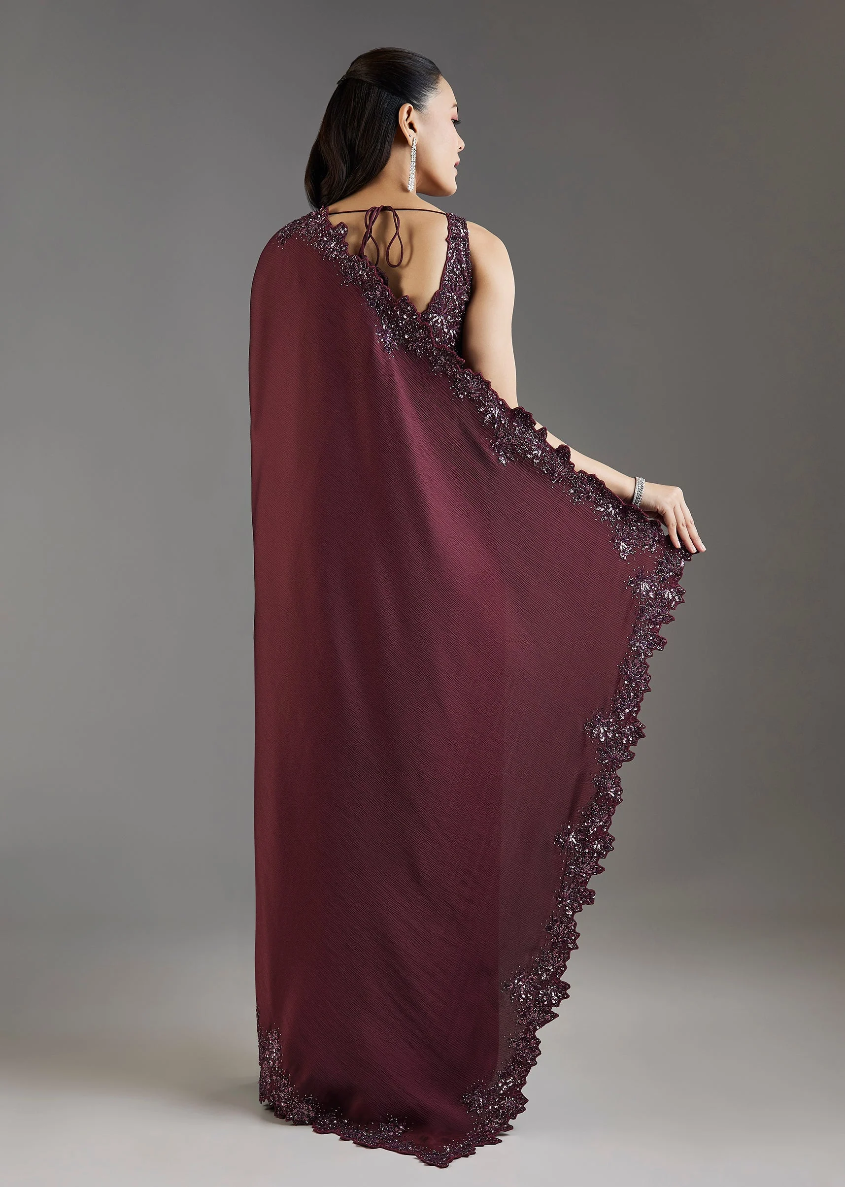 Wine Sequins Embellished Chiffon Saree With Sleeveless Blouse