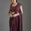 Wine Sequins Embellished Chiffon Saree With Sleeveless Blouse