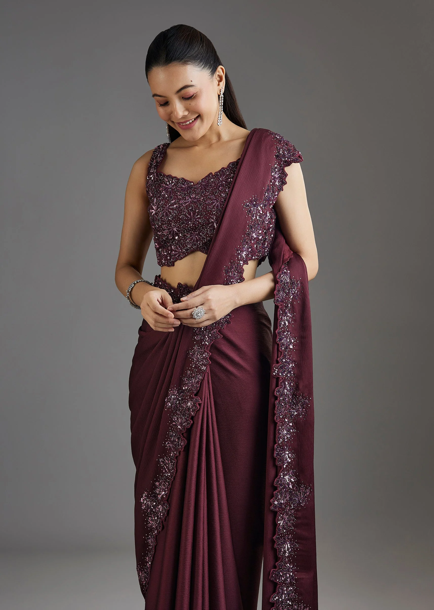 Wine Sequins Embellished Chiffon Saree With Sleeveless Blouse