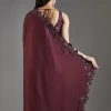 Wine Sequins Embellished Chiffon Saree With Sleeveless Blouse
