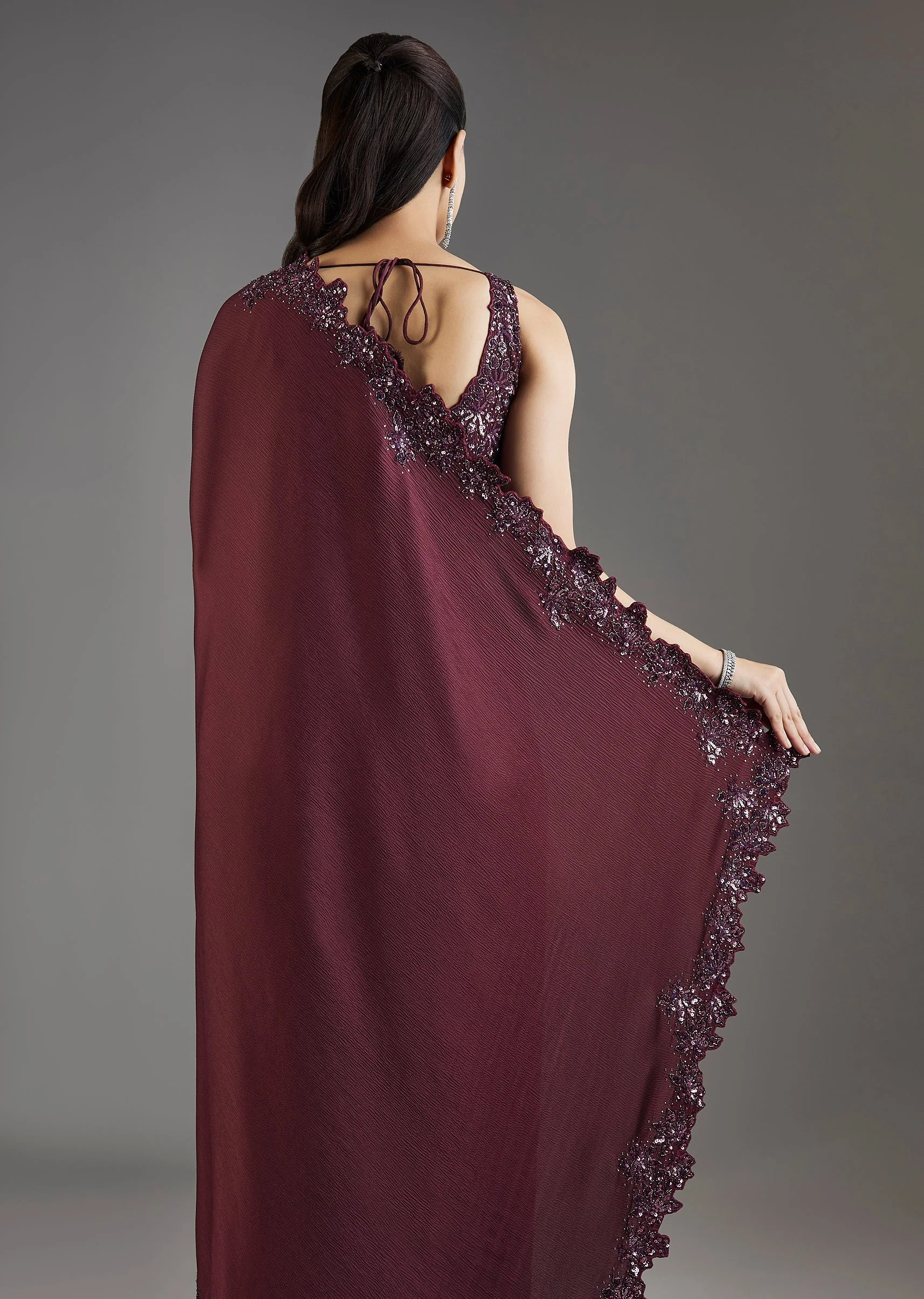 Wine Sequins Embellished Chiffon Saree With Sleeveless Blouse