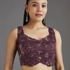 Wine Sequins Embellished Chiffon Saree With Sleeveless Blouse