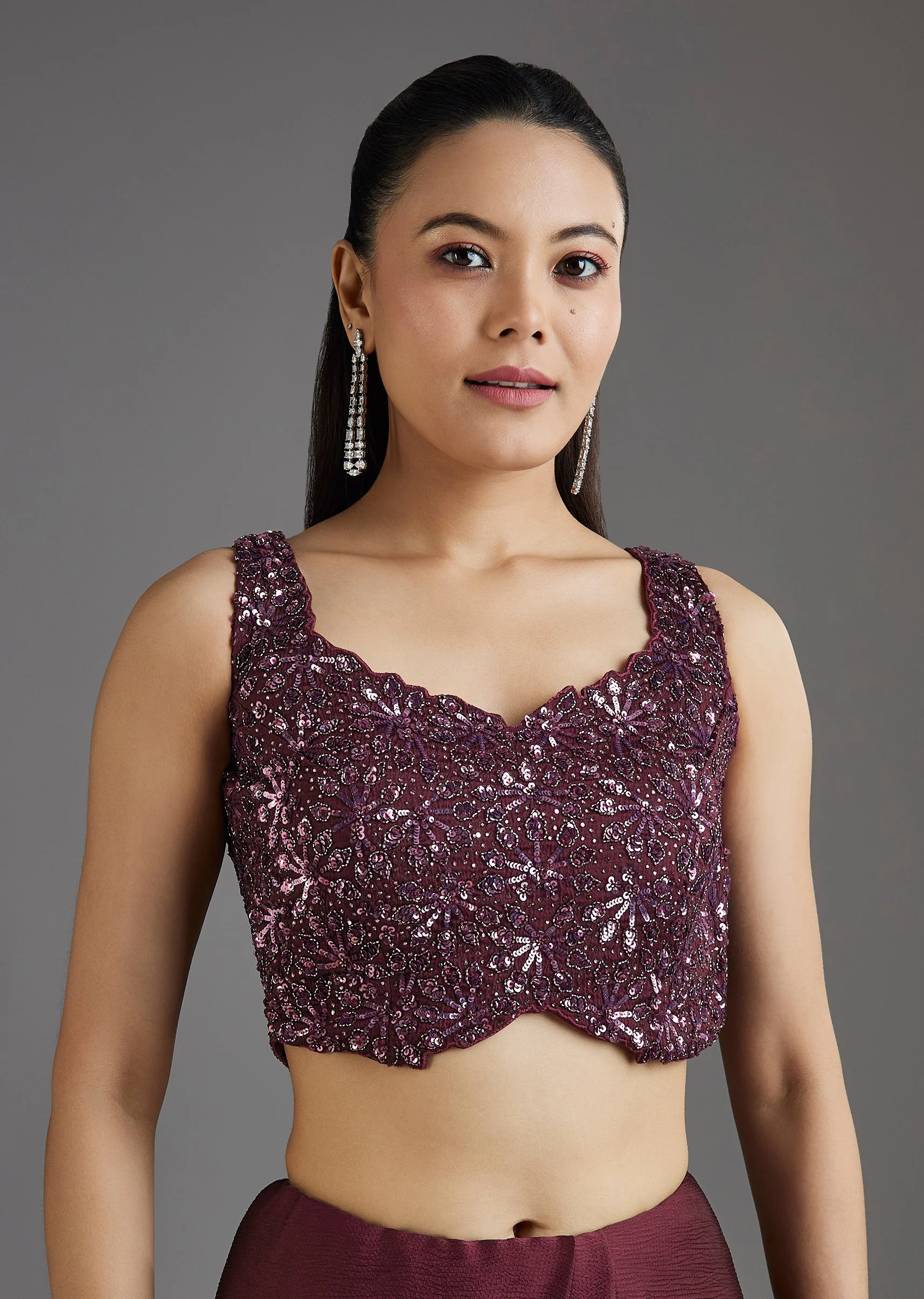 Wine Sequins Embellished Chiffon Saree With Sleeveless Blouse