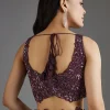 Wine Sequins Embellished Chiffon Saree With Sleeveless Blouse