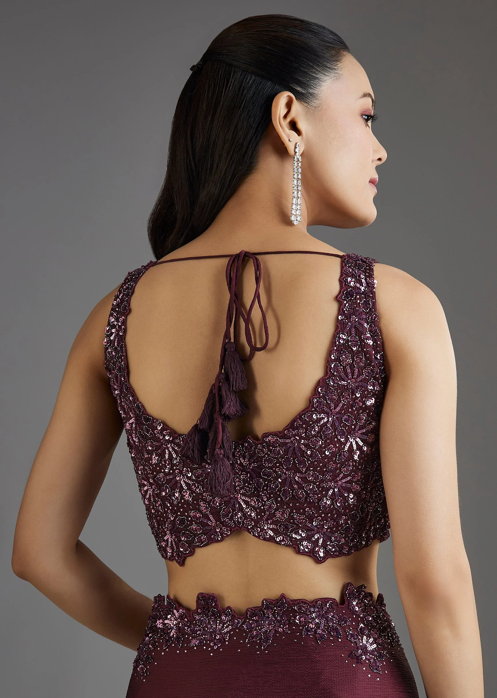 Wine Sequins Embellished Chiffon Saree With Sleeveless Blouse
