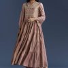 Pink Printed Chanderi Anarkali Set With Thread Work