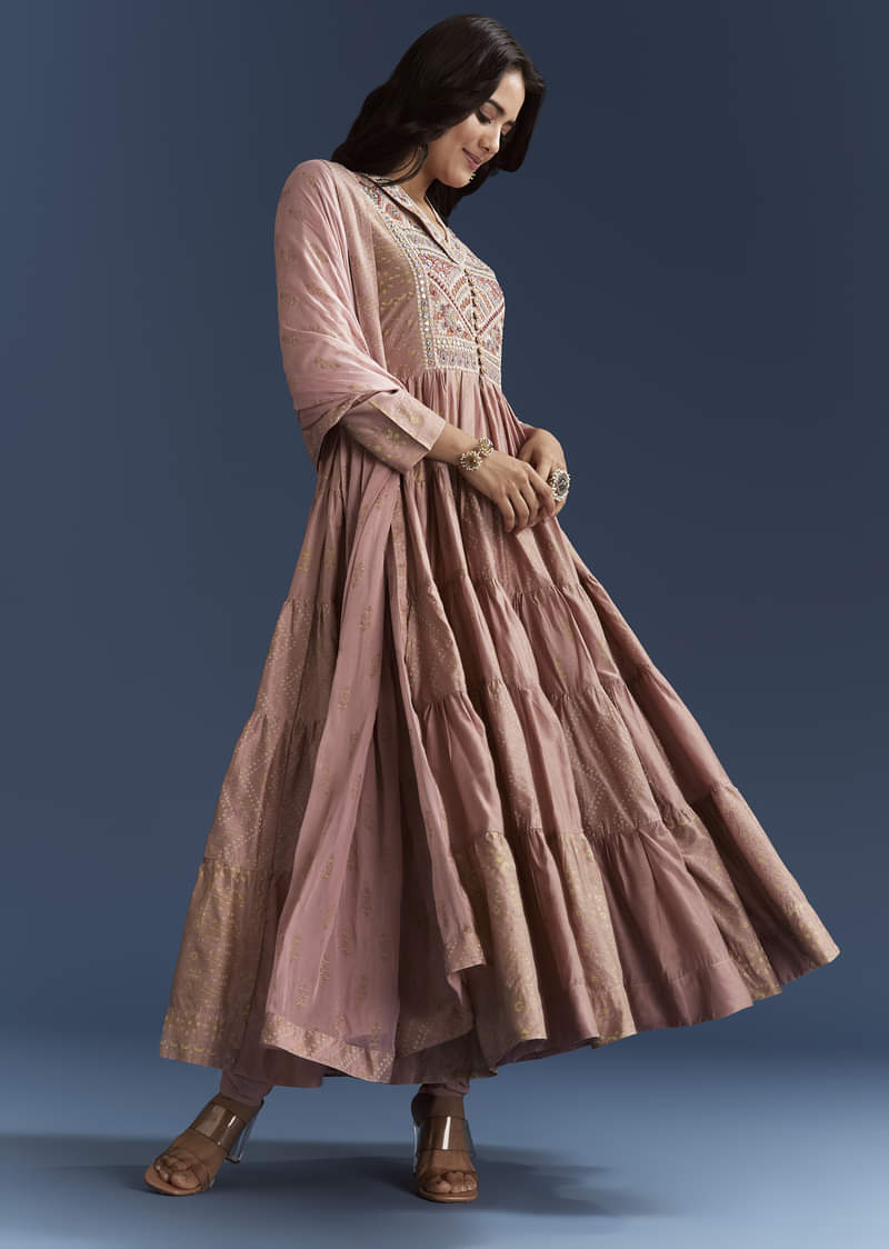 Pink Printed Chanderi Anarkali Set With Thread Work