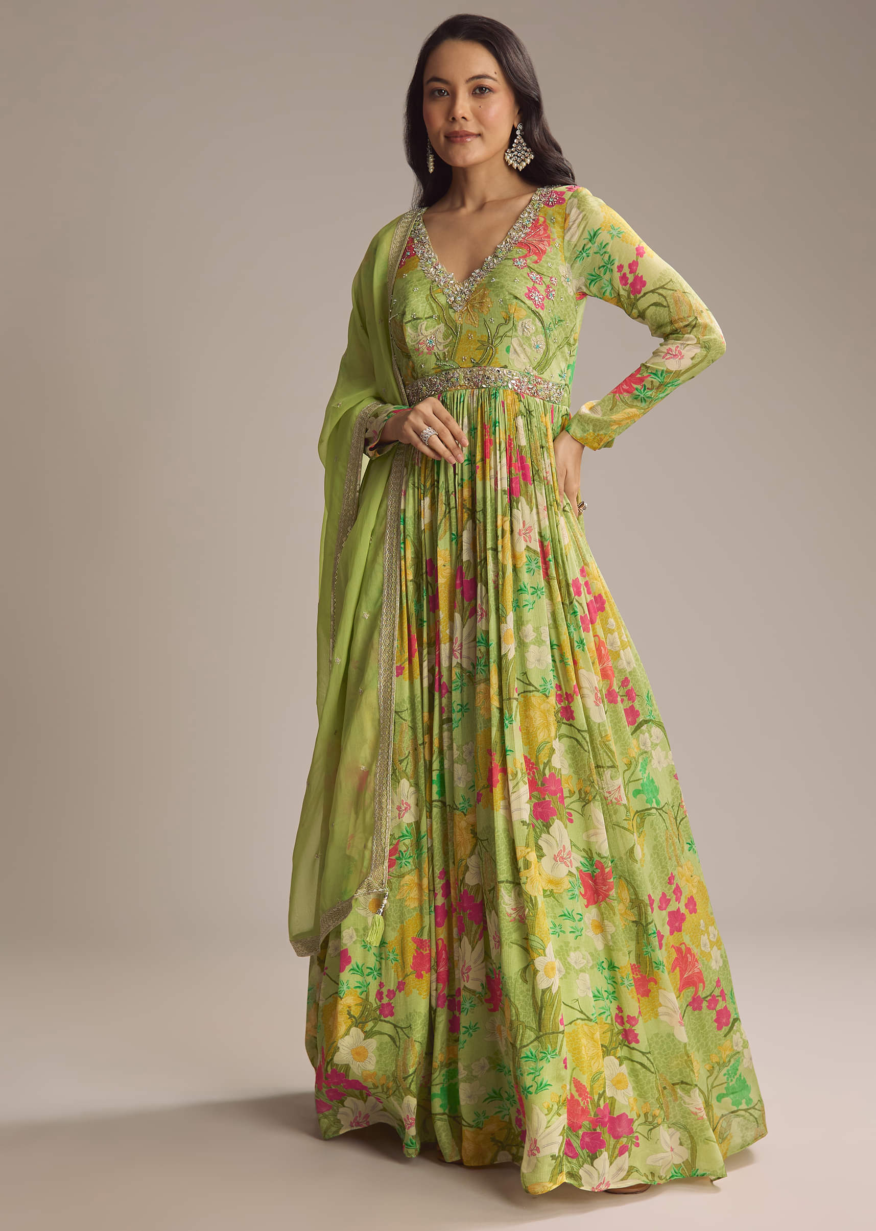 19739-light-green-chinon-anarkali-suit-with-floral-print-1.jpg Light Green Chinon Anarkali Suit With Floral Print