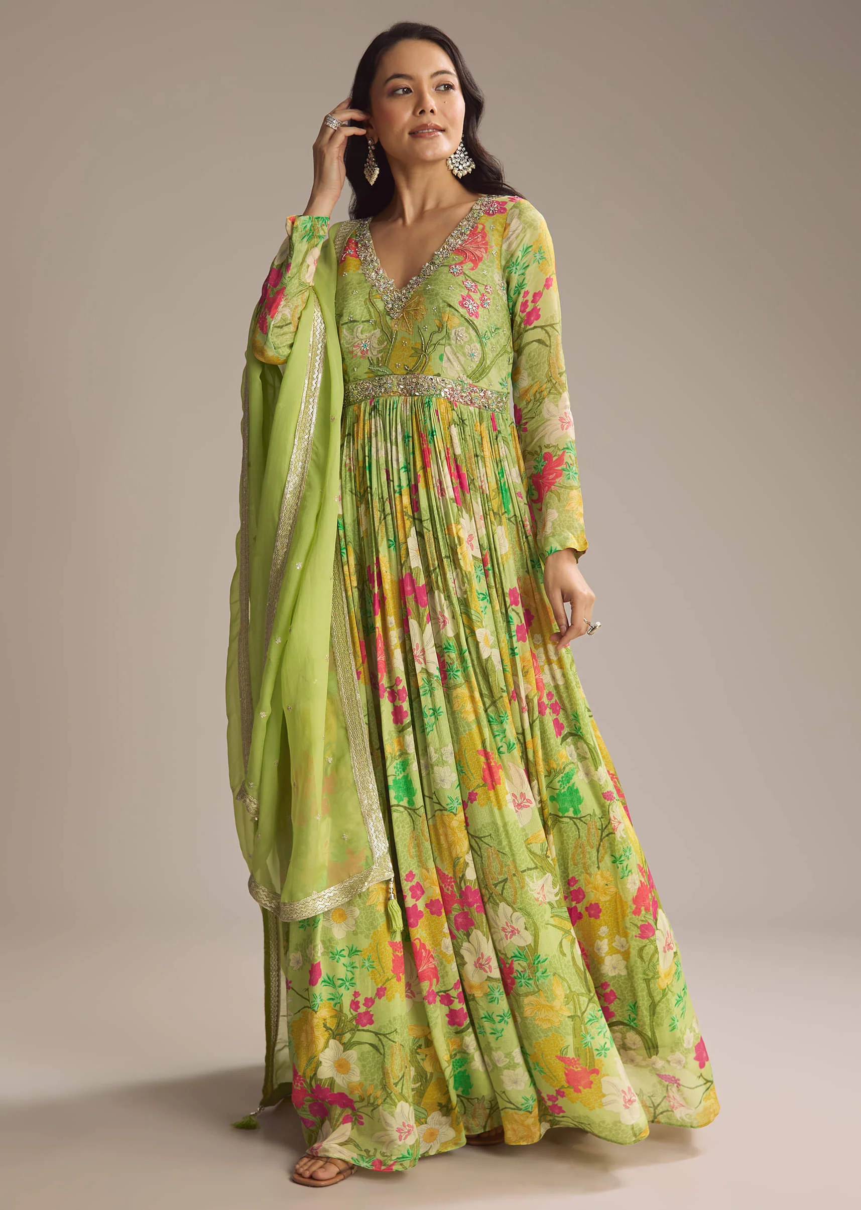 Light Green Chinon Anarkali Suit With Floral Print