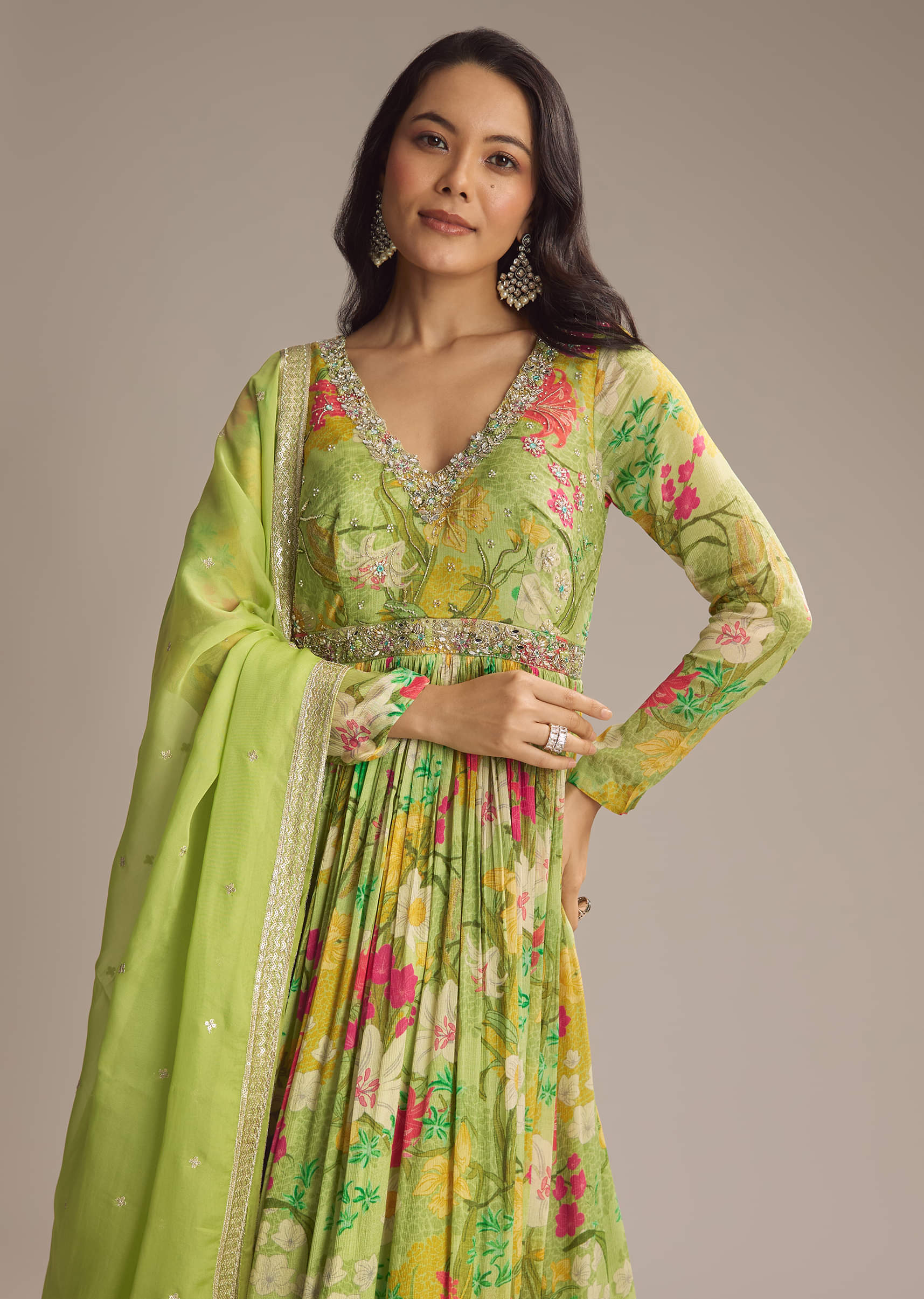 Light Green Chinon Anarkali Suit With Floral Print