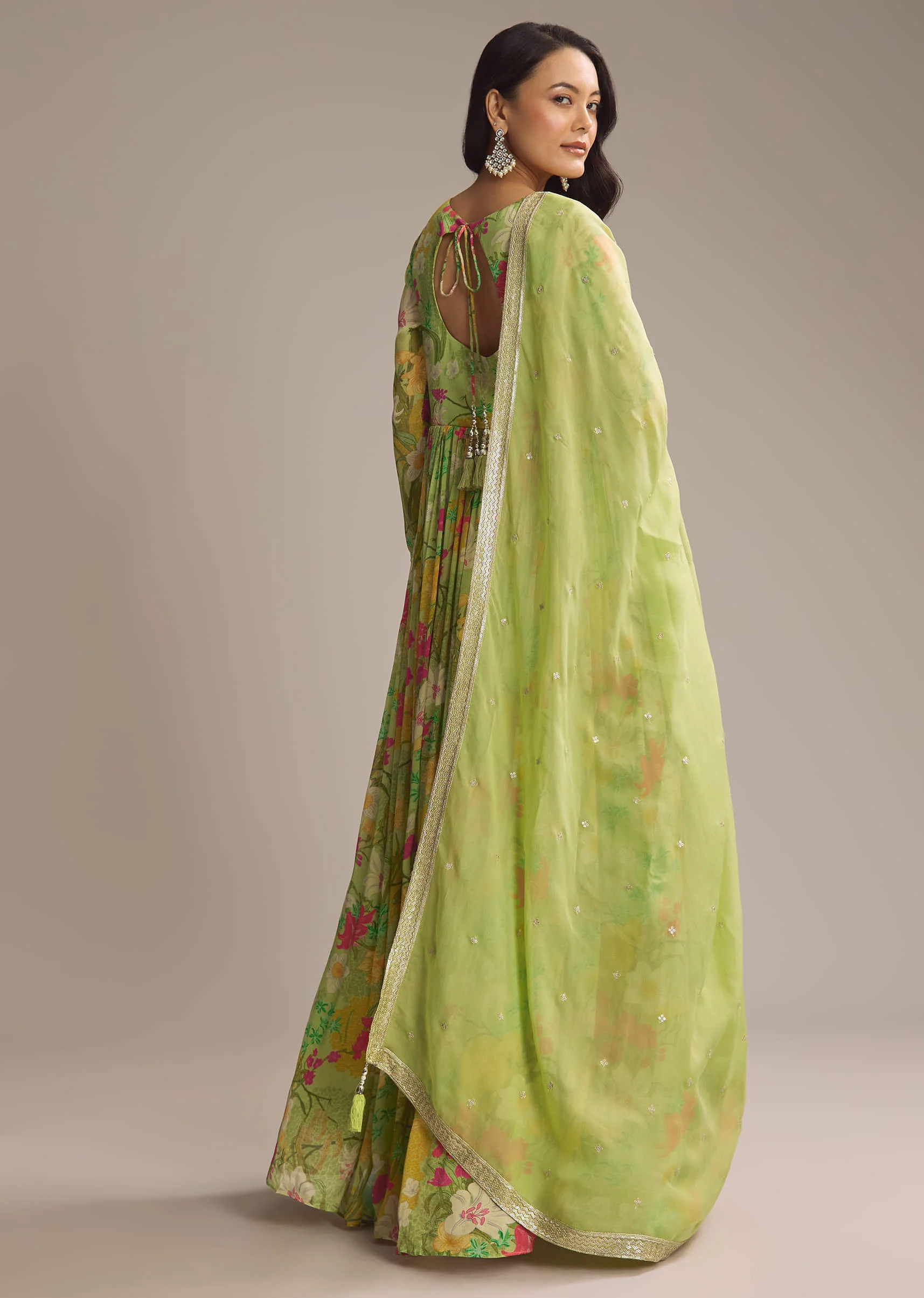 Light Green Chinon Anarkali Suit With Floral Print