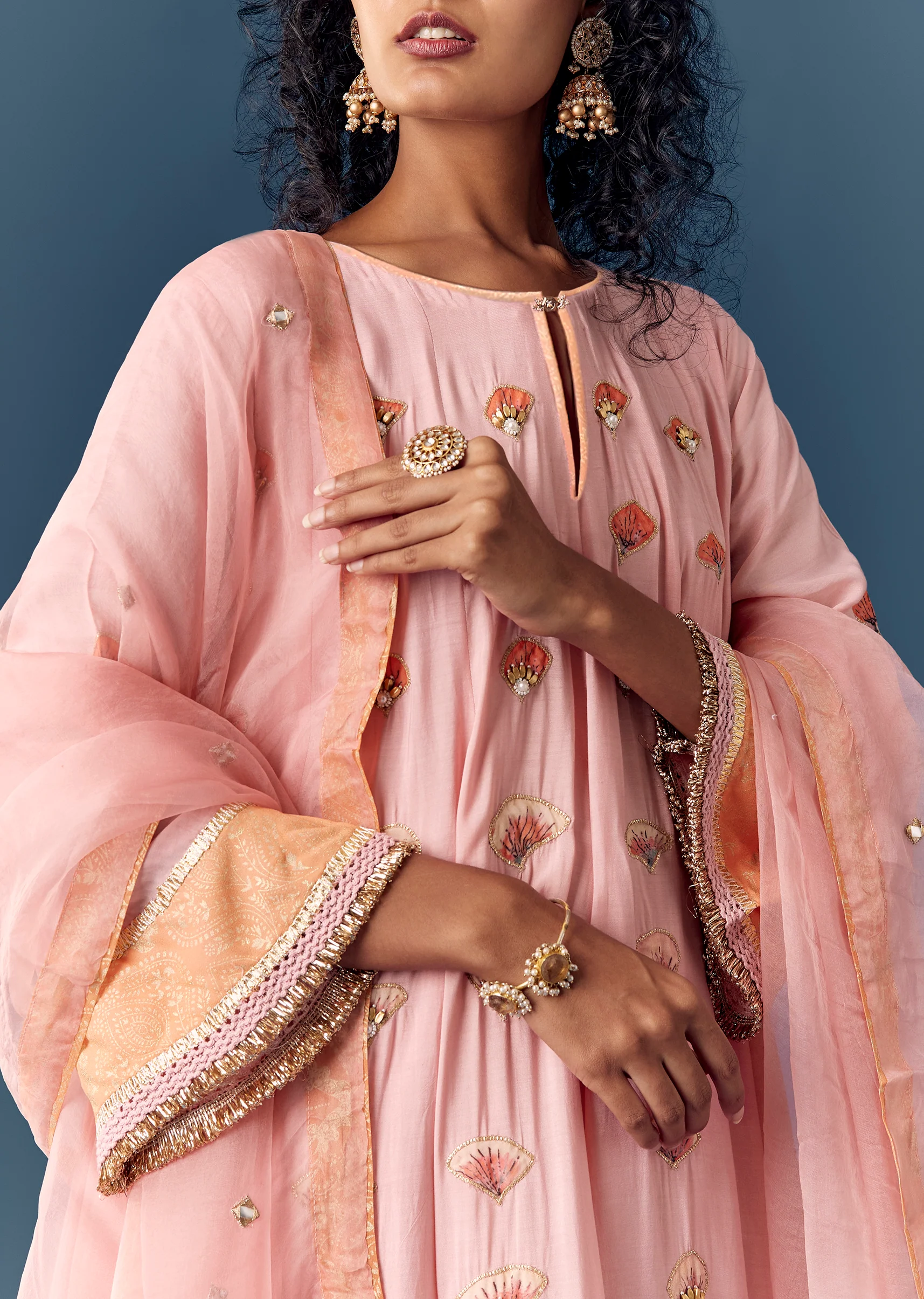 Pink Printed Short Anarkali Pant Set With Dupatta