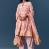 Pink Printed Short Anarkali Pant Set With Dupatta