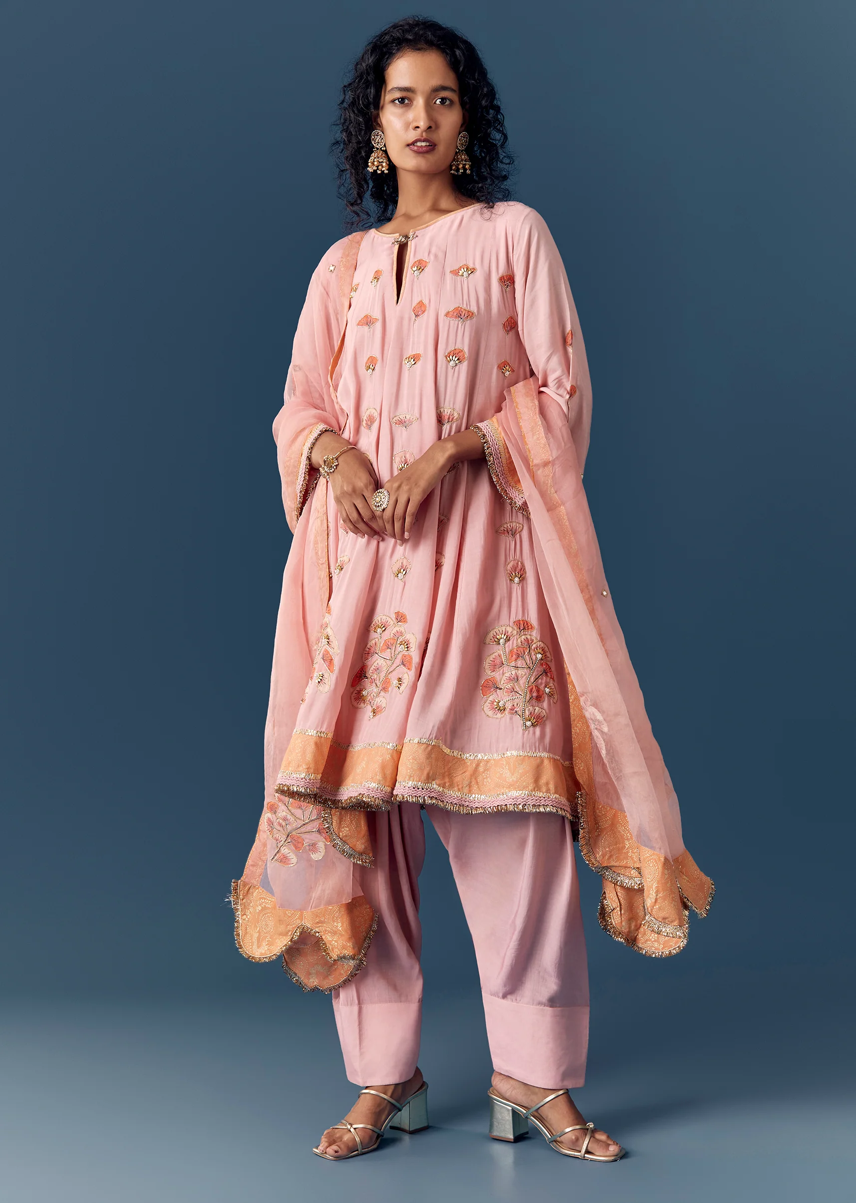 Pink Printed Short Anarkali Pant Set With Dupatta