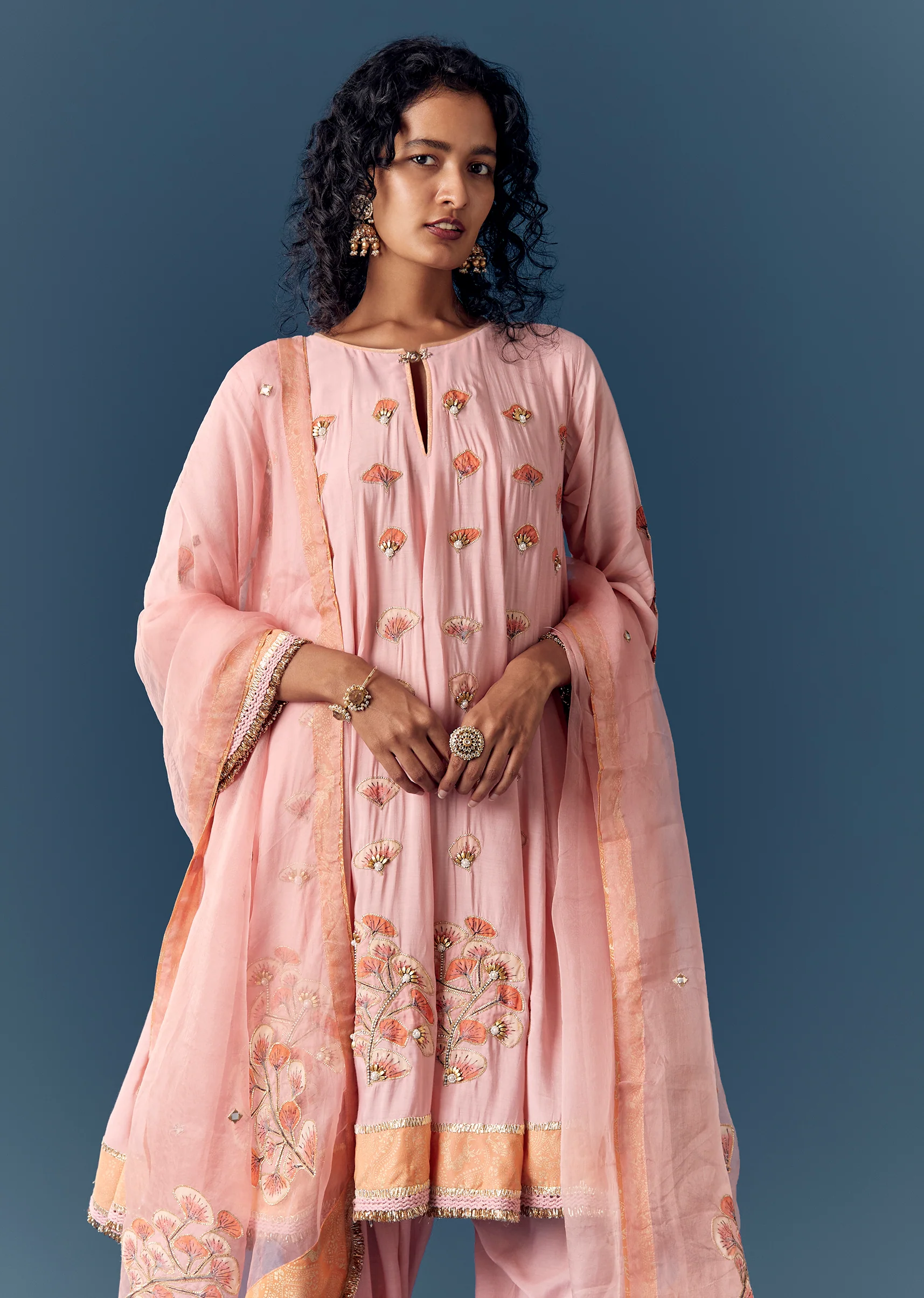Pink Printed Short Anarkali Pant Set With Dupatta