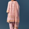 Pink Printed Short Anarkali Pant Set With Dupatta