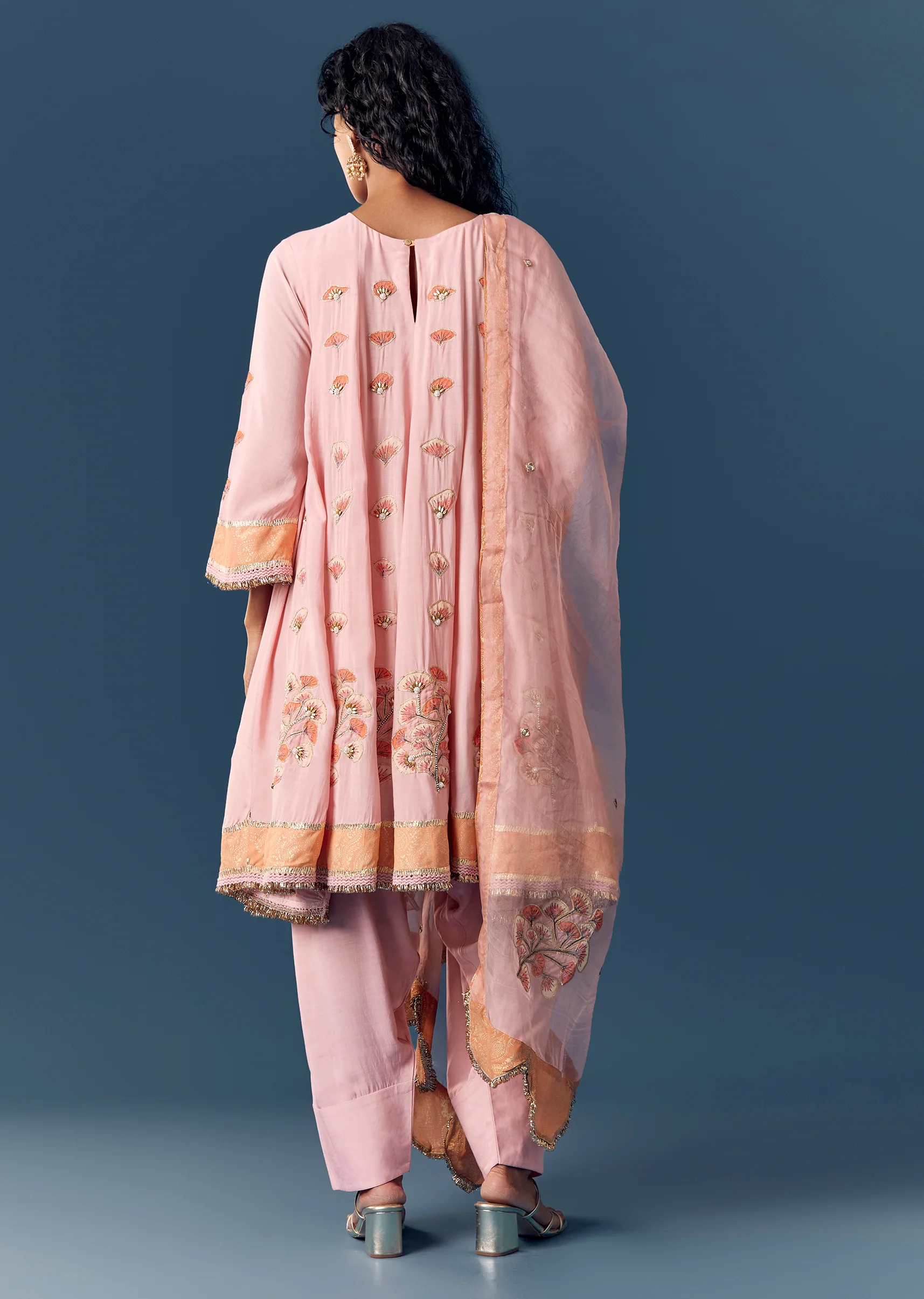 Pink Printed Short Anarkali Pant Set With Dupatta