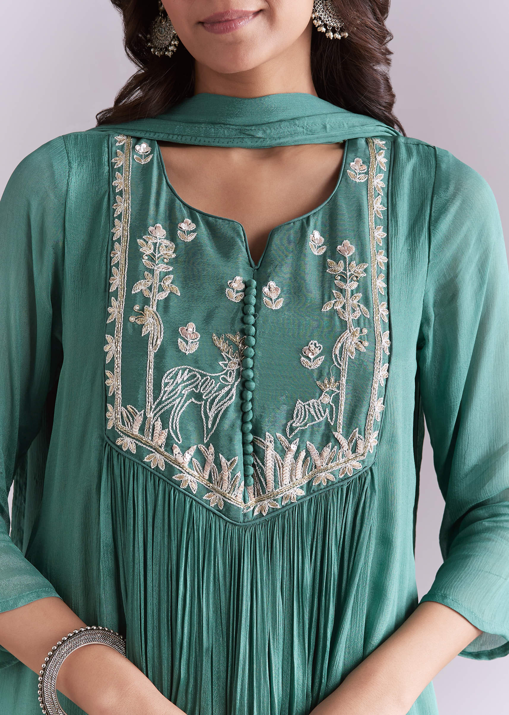 Green Chinon Anarkali Suit With Sequin And Resham Embroidery