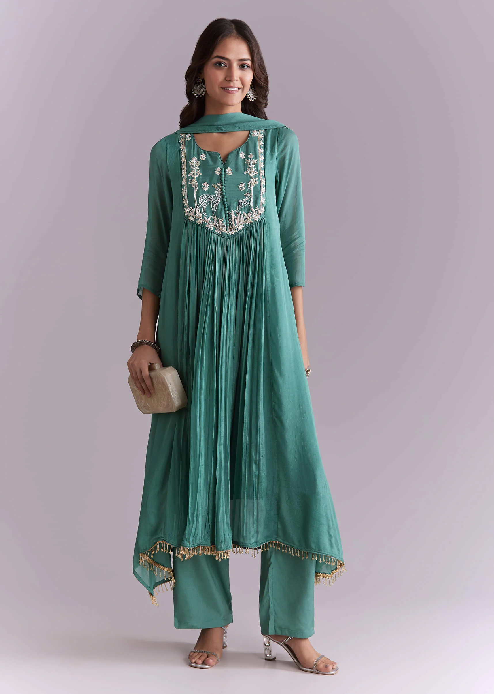 Green Chinon Anarkali Suit With Sequin And Resham Embroidery