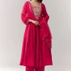 Pink Zardosi Sweetheart Anarkali Pant Set With Dupatta