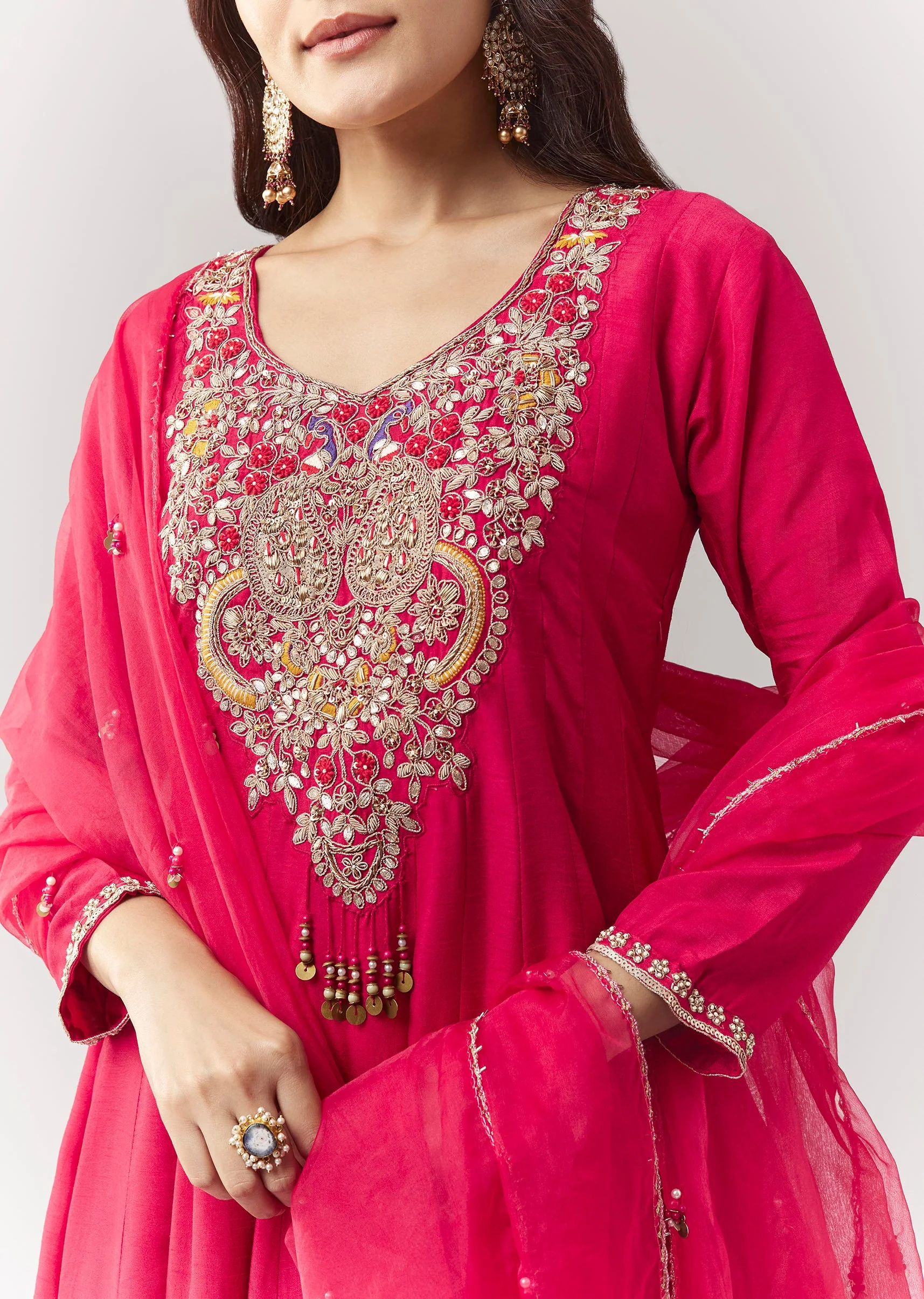 Pink Zardosi Sweetheart Anarkali Pant Set With Dupatta