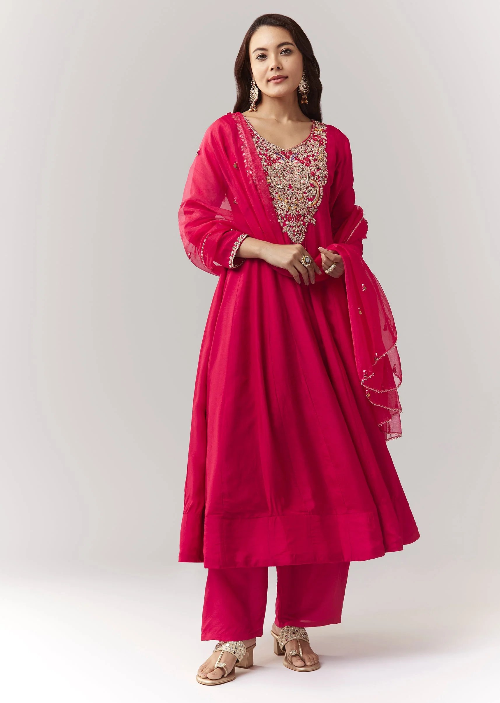 Pink Zardosi Sweetheart Anarkali Pant Set With Dupatta